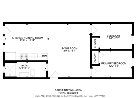 A floor plan of a house with a living room, kitchen/dining room, and two bedrooms.